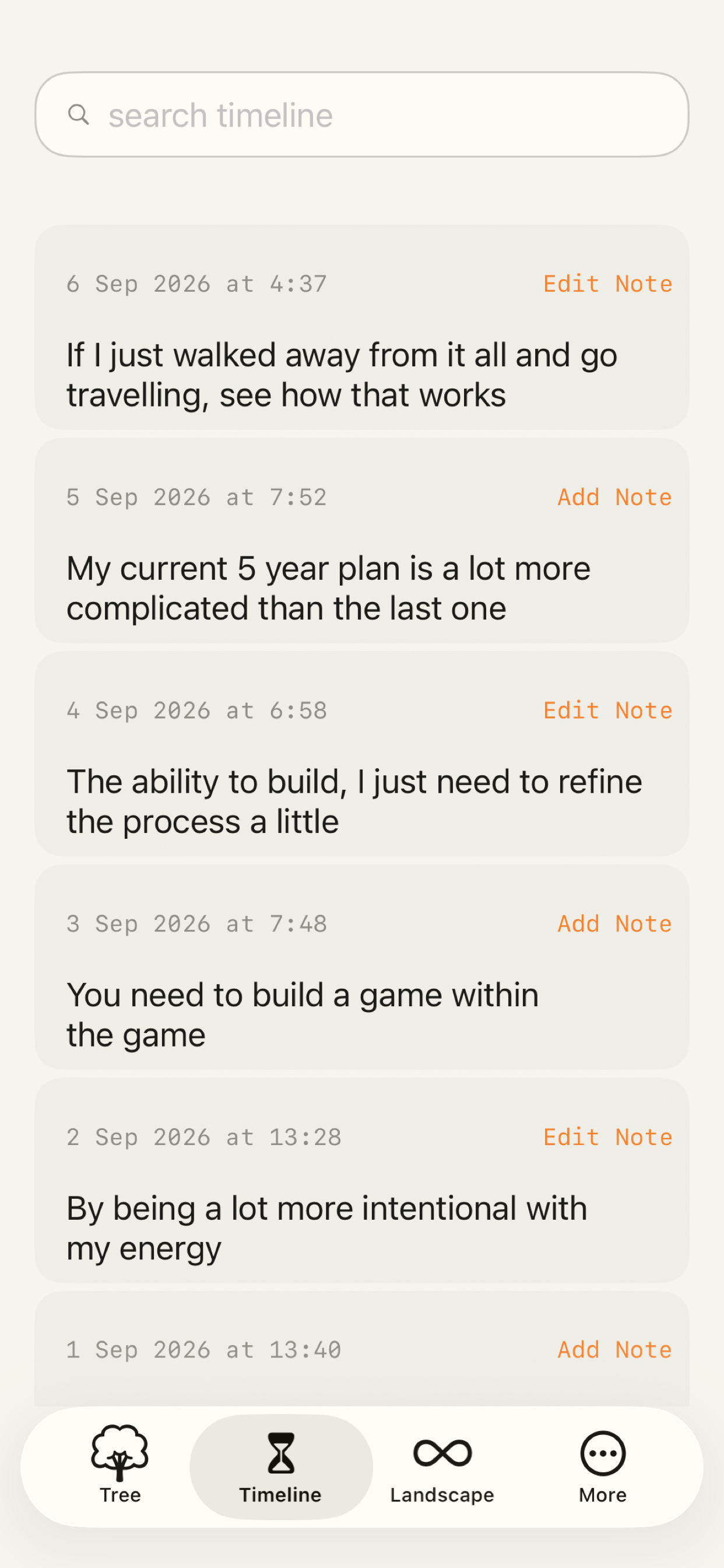 Rorrim Timeline screen with saved responses and private notes